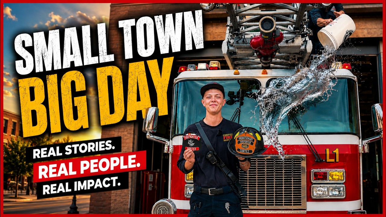 Cortez Fire video thumbnail showing a firefighter in front of a ladder truck
